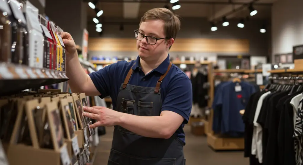 Young man in an apron stocking shelves in a retail store