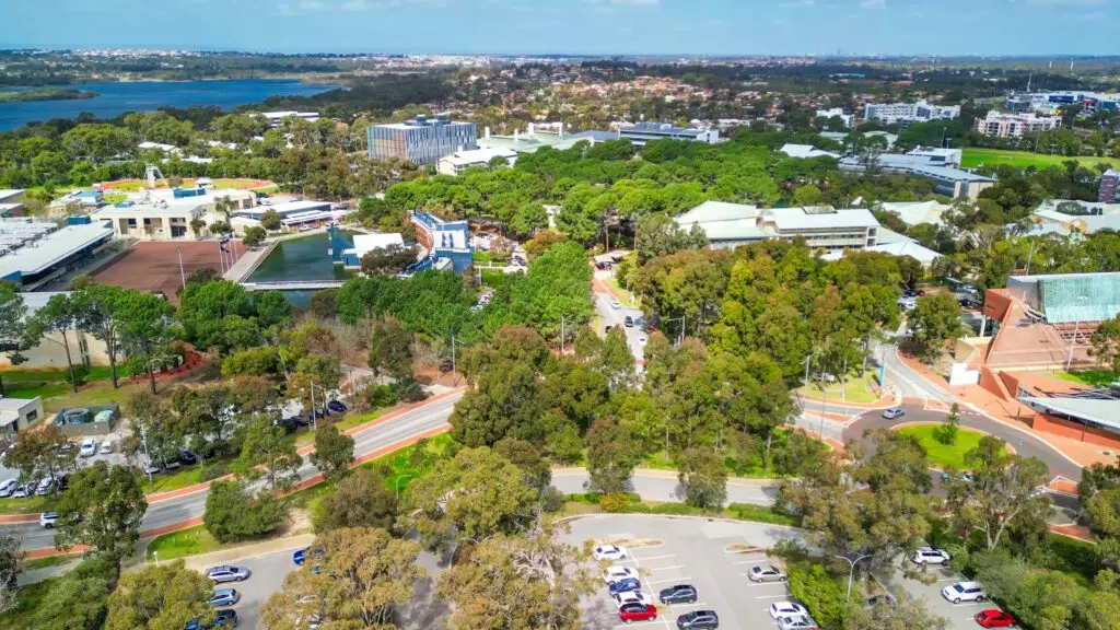 Aerial view of the Joondalup city centre surrounded by trees, Perth WA