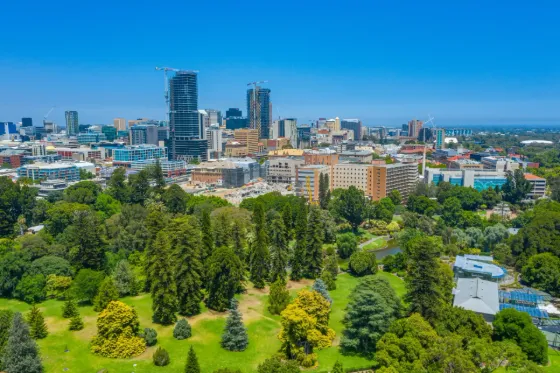 Adelaide city skyline viewed across parklands