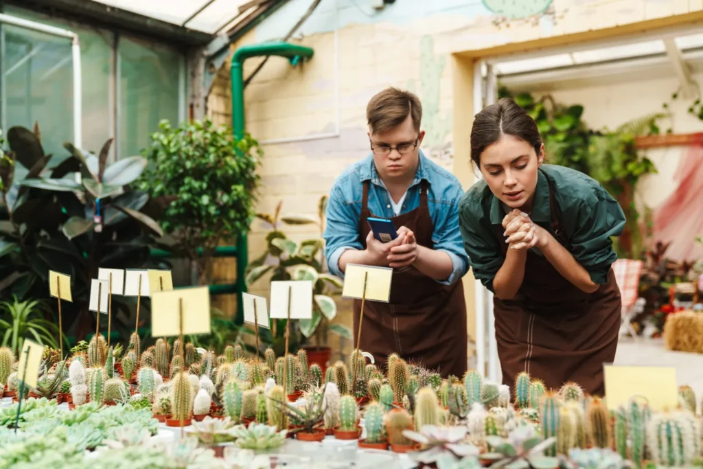 Young man with Down syndrome and a co-worker in aprons checking cactus stock in a plant nursery