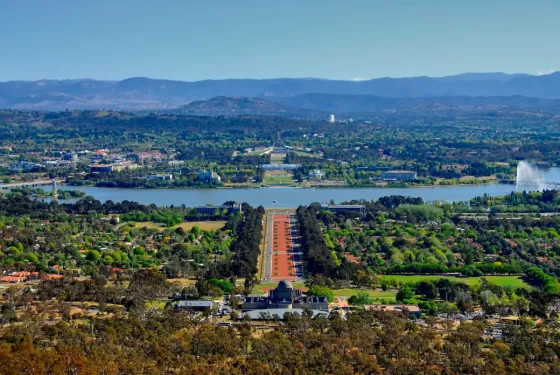 Aerial view of Canberra and Lake Burley Griffin