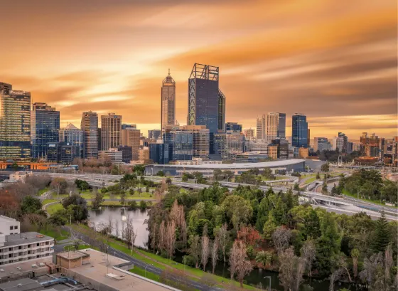 Perth city skyline at sunset