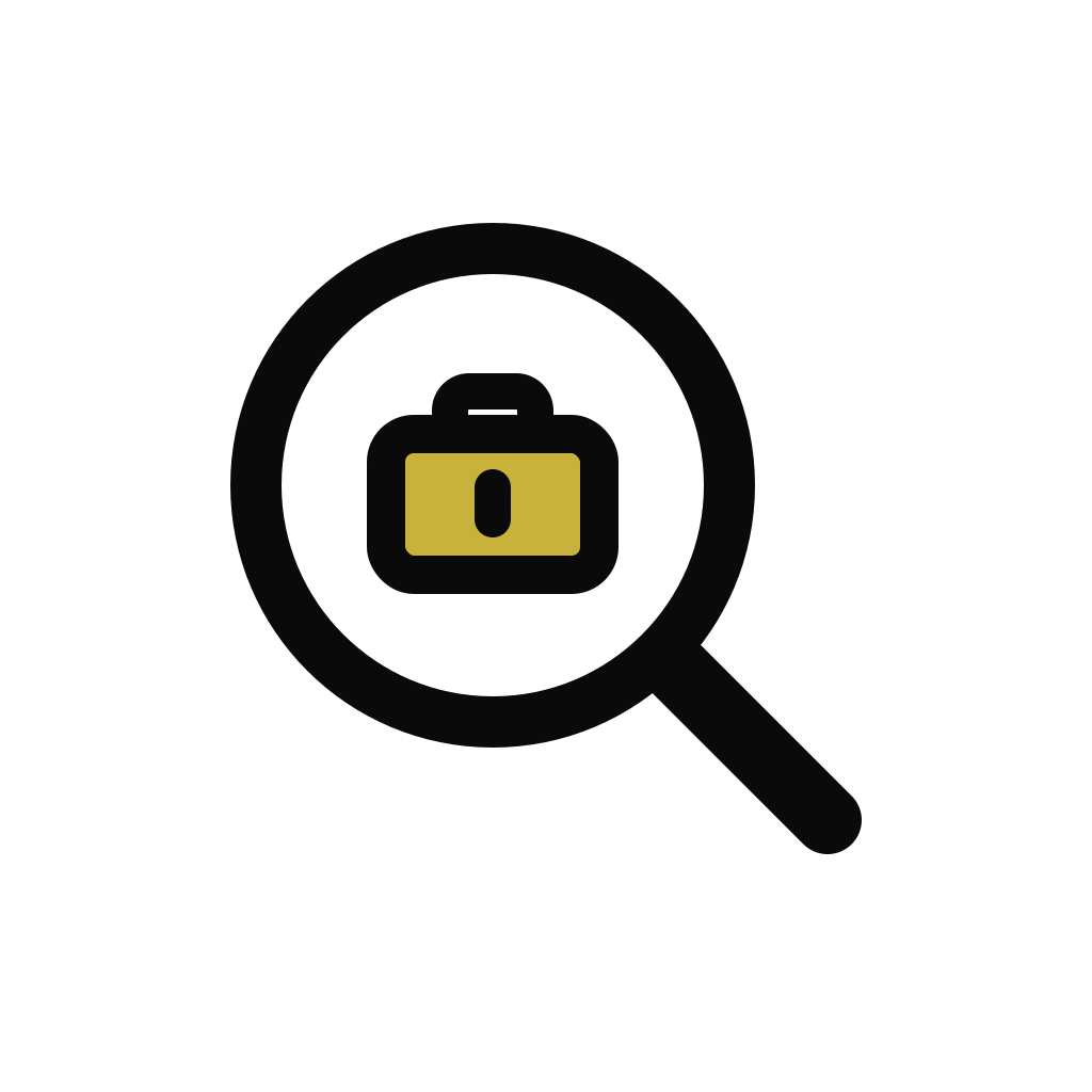 Employment assistance icon: magnifying glass over a briefcase